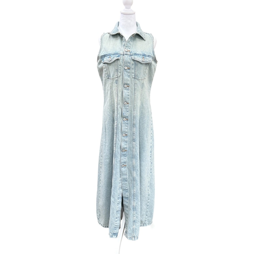 Zara Denim Maxi Dress Womens 8 Light Wash Sleeveless Button Front Cotton